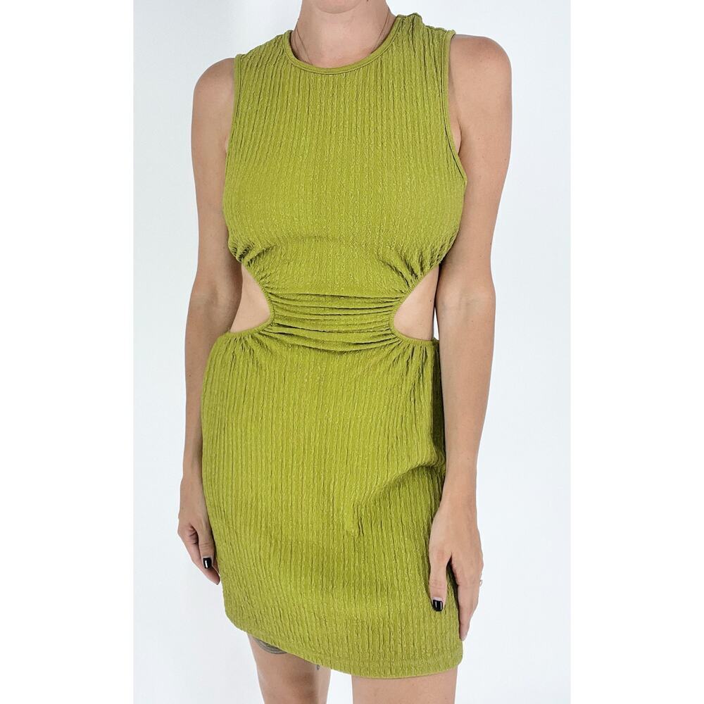 NWT Women’s Olive Green Ribbed Cutout Bodycon Mini Dress Ruched Waist Size Small
